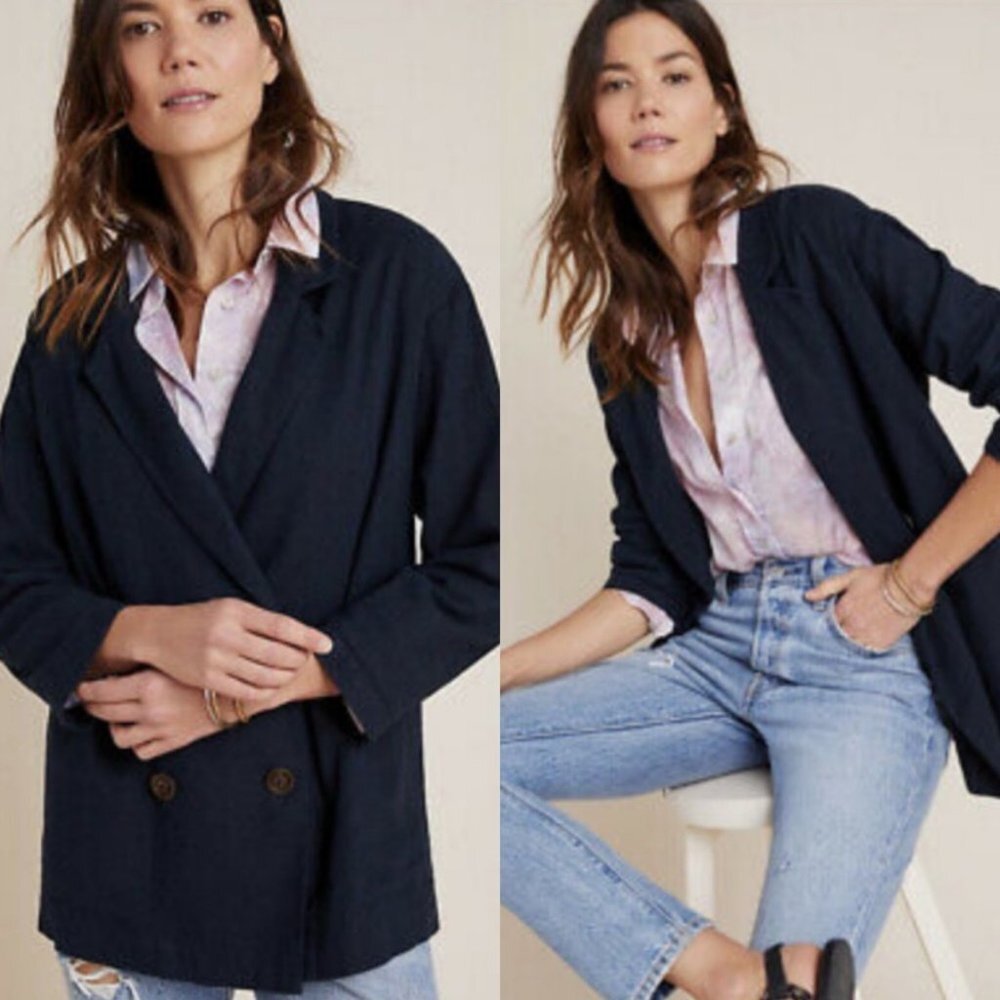 Anthropologie Amadi Linen Oversized Blazer Jacket Sports‎ Coat Navy Blue Small S